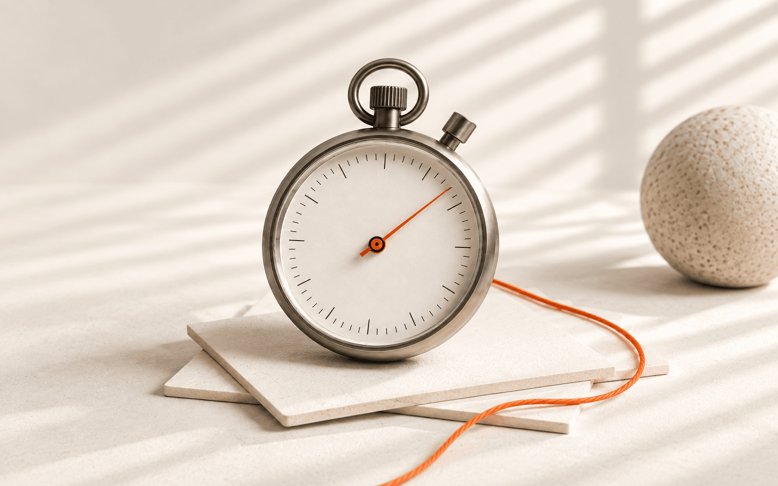 A silver stopwatch with an orange hand on ivory stone in soft daylight.